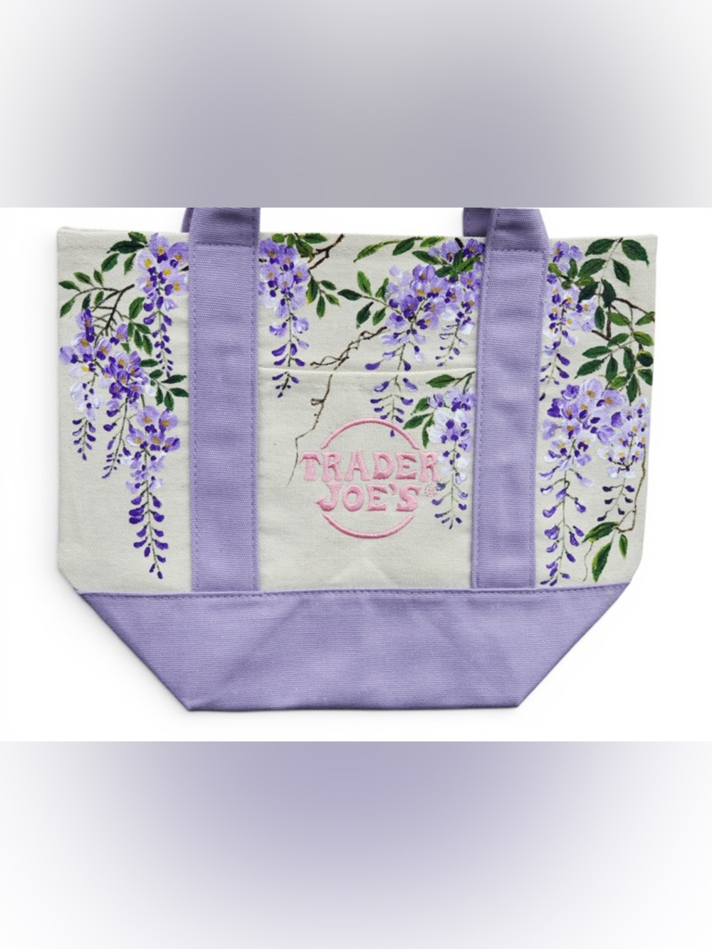 Hand Painted Trader Joe’s Mini Pastel Canvas Tote Bag Wisteria Lavender Purple - Picture 2 of 3